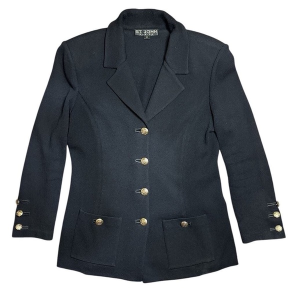 ST. JOHN Basics Santana Knit Button Front Blazer Jacket Black w/ Gold Buttons 10 - Picture 12 of 15